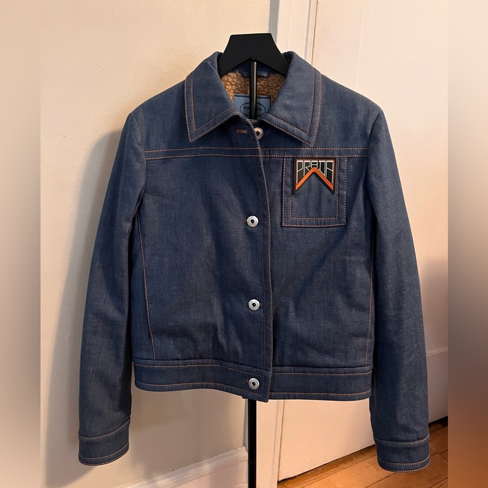 Prada Chambray/Denim and Sherpa lined Jean Jacket. With Prada Label Accent.